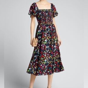 TANYA TAYLOR Glenda Smocked Square-Neck Midi Dress​​​​​